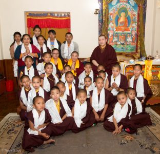 Thaye Dorje, His Holiness the 17th Gyalwa Karmapa, meeting monks from Bodhanath, Nepal, during the Kagyu Monlam