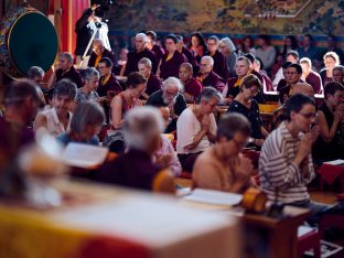 Thaye Dorje, His Holiness the 17th Gyalwa Karmapa, Sangyumla and Thugseyla at Dhagpo Kundreul Ling in Le Bost, France. Photo / Tokpa Korlo