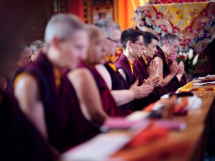 Thaye Dorje, His Holiness the 17th Gyalwa Karmapa, Sangyumla and Thugseyla at Dhagpo Kundreul Ling in Le Bost, France. Photo / Tokpa Korlo