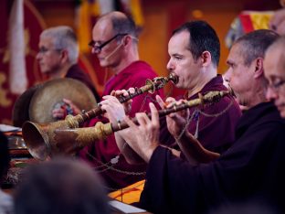 Thaye Dorje, His Holiness the 17th Gyalwa Karmapa, Sangyumla and Thugseyla at Dhagpo Kundreul Ling in Le Bost, France. Photo / Tokpa Korlo