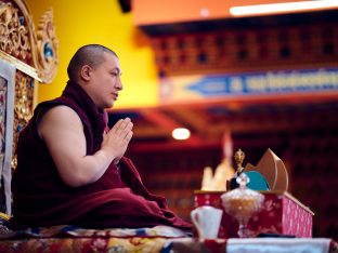 Thaye Dorje, His Holiness the 17th Gyalwa Karmapa, Sangyumla and Thugseyla at Dhagpo Kundreul Ling in Le Bost, France. Photo / Tokpa Korlo