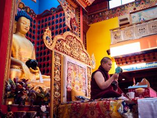 Thaye Dorje, His Holiness the 17th Gyalwa Karmapa, Sangyumla and Thugseyla at Dhagpo Kundreul Ling in Le Bost, France. Photo / Tokpa Korlo