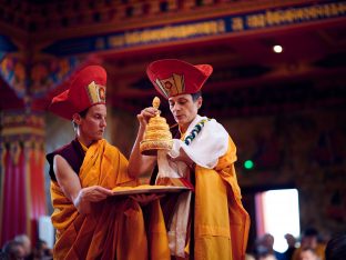 Thaye Dorje, His Holiness the 17th Gyalwa Karmapa, Sangyumla and Thugseyla at Dhagpo Kundreul Ling in Le Bost, France. Photo / Tokpa Korlo