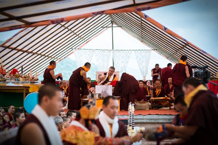 Thaye Dorje, His Holiness the 17th Gyalwa Karmapa, and Rinpoches perform the puja of Gyalwa Gyamtso. Photo/ Tokpa Korlo