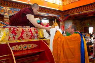 Thaye Dorje, His Holiness the 17th Gyalwa Karmapa, Sangyumla and Thugseyla at Dhagpo Kundreul Ling in Le Bost, France. Photo / Thule Jug