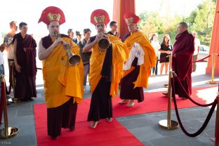 Thaye Dorje, His Holiness the 17th Gyalwa Karmapa, Sangyumla and Thugseyla at Dhagpo Kundreul Ling in Le Bost, France. Photo / Thule Jug