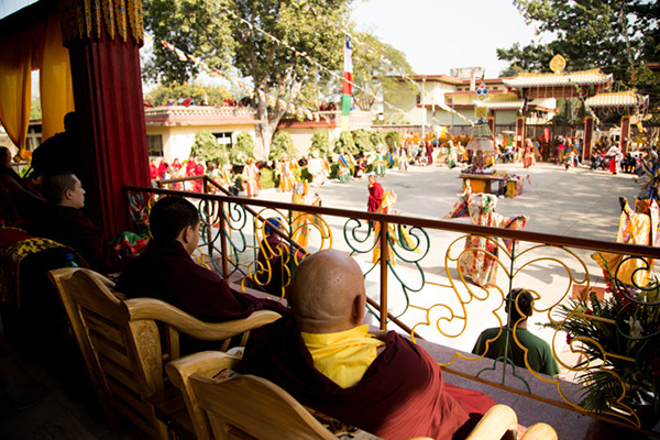 His Holiness Gyalwa Karmapa, His Eminence Jamgon Kongtrul Rinpoche and His Eminence Beru Khyentse Rinpoche, who hosted the Mahakala pujas at his monastery, are watching the lama dances with keen interest. Photo/Norbu Zangpo