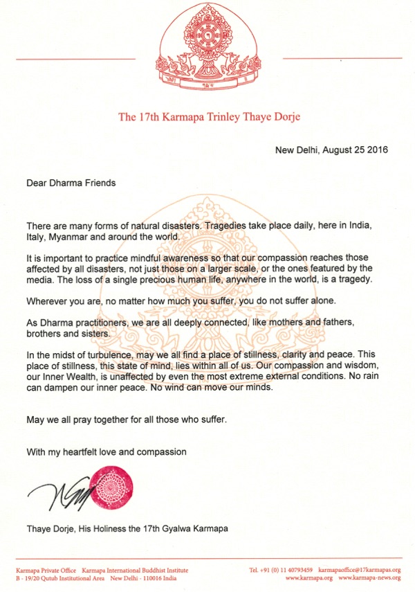 Letter on recent natural disasters from Thaye Dorje, His Holiness the 17th Gyalwa Karmapa