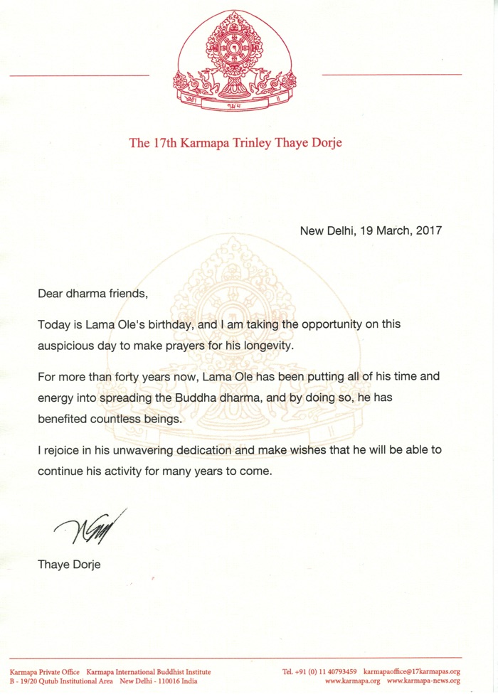 Letter on the occasion of Lama Ole Nydahl's birthday from Thaye Dorje, His Holiness the 17th Gyalwa Karmapa