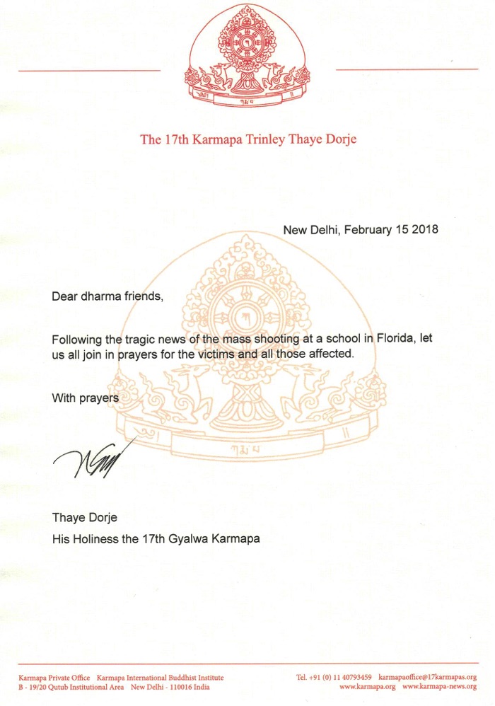 Letter from Thaye Dorje, His Holiness the 17th Gyalwa Karmapa, on the shooting in Florida