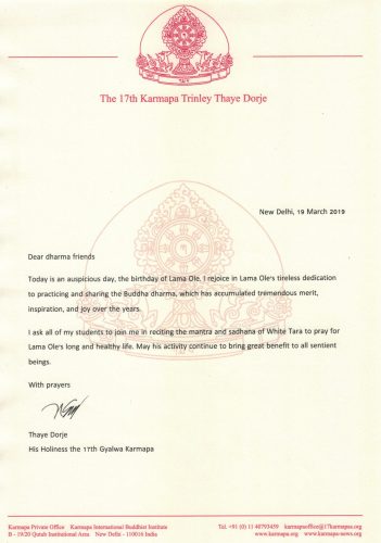 Karmapa's message for Lama Ole's birthday