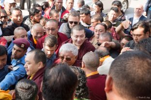 Thaye Dorje, His Holiness the 17th Gyalwa Karmapa, on a previous visit to the Karma Raja Maha Vihar monastery and the Stupa at Swayambhu.