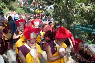 Thaye Dorje, His Holiness the 17th Gyalwa Karmapa, on a previous visit to the Karma Raja Maha Vihar monastery and the Stupa at Swayambhu.