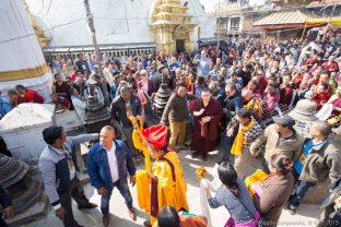 Thaye Dorje, His Holiness the 17th Gyalwa Karmapa, on a previous visit to the Karma Raja Maha Vihar monastery and the Stupa at Swayambhu.