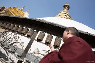 Thaye Dorje, His Holiness the 17th Gyalwa Karmapa, on a previous visit to the Karma Raja Maha Vihar monastery and the Stupa at Swayambhu.