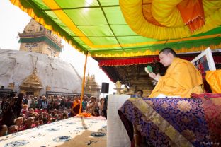 Thaye Dorje, His Holiness the 17th Gyalwa Karmapa, on a previous visit to the Karma Raja Maha Vihar monastery and the Stupa at Swayambhu.