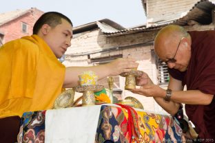 Thaye Dorje, His Holiness the 17th Gyalwa Karmapa, on a previous visit to the Karma Raja Maha Vihar monastery and the Stupa at Swayambhu.