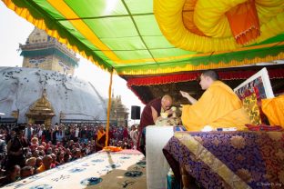 Thaye Dorje, His Holiness the 17th Gyalwa Karmapa, on a previous visit to the Karma Raja Maha Vihar monastery and the Stupa at Swayambhu.