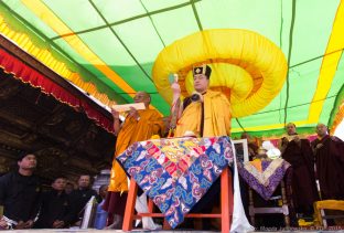 Thaye Dorje, His Holiness the 17th Gyalwa Karmapa, on a previous visit to the Karma Raja Maha Vihar monastery and the Stupa at Swayambhu.