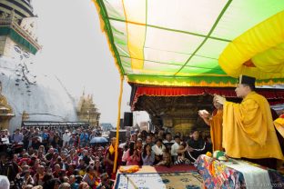 Thaye Dorje, His Holiness the 17th Gyalwa Karmapa, on a previous visit to the Karma Raja Maha Vihar monastery and the Stupa at Swayambhu.