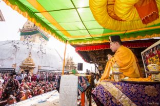 Thaye Dorje, His Holiness the 17th Gyalwa Karmapa, on a previous visit to the Karma Raja Maha Vihar monastery and the Stupa at Swayambhu.