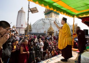 Thaye Dorje, His Holiness the 17th Gyalwa Karmapa, on a previous visit to the Karma Raja Maha Vihar monastery and the Stupa at Swayambhu.