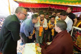 Thaye Dorje, His Holiness the 17th Gyalwa Karmapa, on a previous visit to the Karma Raja Maha Vihar monastery and the Stupa at Swayambhu.