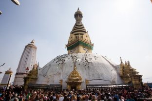 Thaye Dorje, His Holiness the 17th Gyalwa Karmapa, on a previous visit to the Karma Raja Maha Vihar monastery and the Stupa at Swayambhu.