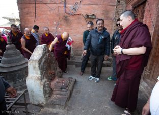 Thaye Dorje, His Holiness the 17th Gyalwa Karmapa, on a previous visit to the Karma Raja Maha Vihar monastery and the Stupa at Swayambhu.