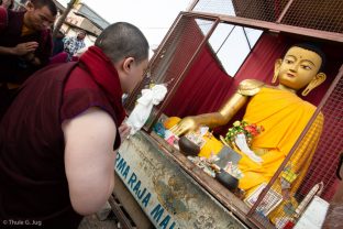 Thaye Dorje, His Holiness the 17th Gyalwa Karmapa, on a previous visit to the Karma Raja Maha Vihar monastery and the Stupa at Swayambhu.