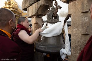 Thaye Dorje, His Holiness the 17th Gyalwa Karmapa, on a previous visit to the Karma Raja Maha Vihar monastery and the Stupa at Swayambhu.