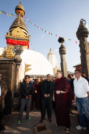 Thaye Dorje, His Holiness the 17th Gyalwa Karmapa, on a previous visit to the Karma Raja Maha Vihar monastery and the Stupa at Swayambhu.