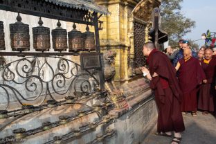 Thaye Dorje, His Holiness the 17th Gyalwa Karmapa, on a previous visit to the Karma Raja Maha Vihar monastery and the Stupa at Swayambhu.