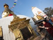 Thaye Dorje, His Holiness the 17th Gyalwa Karmapa, visits the Karma Raja Maha Vihar monastery and the Stupa at Swayambhu.