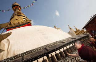 Thaye Dorje, His Holiness the 17th Gyalwa Karmapa, on a previous visit to the Karma Raja Maha Vihar monastery and the Stupa at Swayambhu.