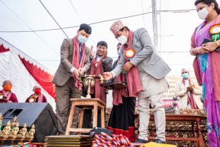 The handover ceremony of the Karma Raja Maha Vihar monastery and 17 Buddhacharya residences at Swayambhu in Kathmandu, 26 April 2021.