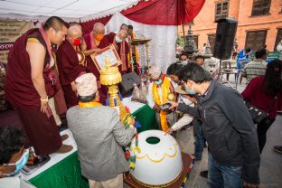 The handover ceremony of the Karma Raja Maha Vihar monastery and 17 Buddhacharya residences at Swayambhu in Kathmandu, 26 April 2021.