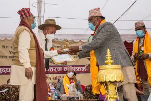 The handover ceremony of the Karma Raja Maha Vihar monastery and 17 Buddhacharya residences at Swayambhu in Kathmandu, 26 April 2021.