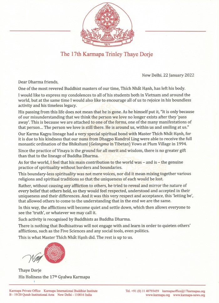 Letter on the passing of Thich Nhat Hanh, from Thaye Dorje, His Holiness the 17th Gyalwa Karmapa