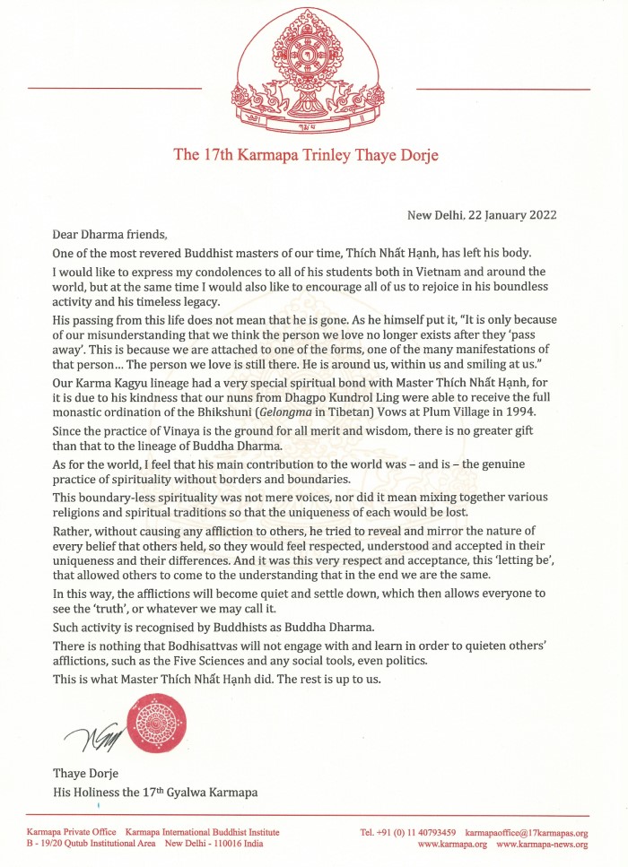 Thich Nhat Hanh's passing: Karmapa's message - The 17th Karmapa: Official  website of Thaye Dorje, His Holiness the 17th Gyalwa Karmapa