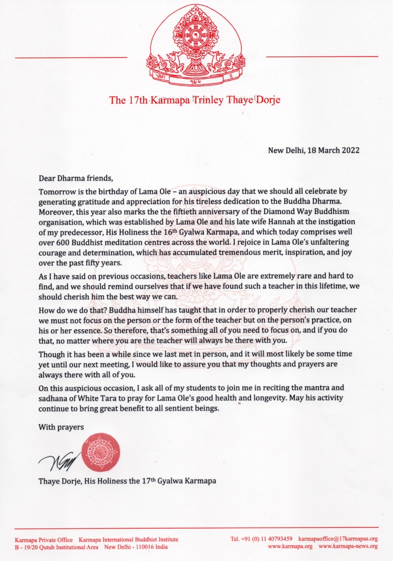 Letter by Thaye Dorje, His Holiness the 17th Gyalwa Karmapa, on the occasion of Lama Ole Nydahl's birthday
