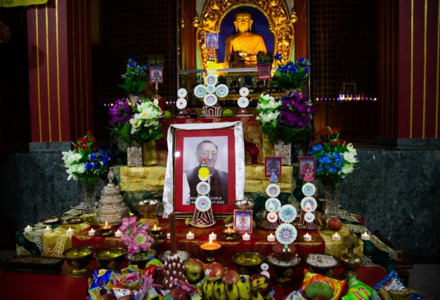 Thaye Dorje, His Holiness the 17th Gyalwa Karmapa, pays respects to his late teacher, Professor Sempa Dorje. Photo / Lekshey jorden