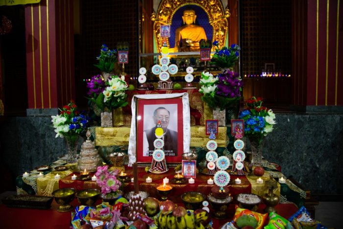 Thaye Dorje, His Holiness the 17th Gyalwa Karmapa, pays respects to his late teacher, Professor Sempa Dorje. Photo / Lekshey jorden