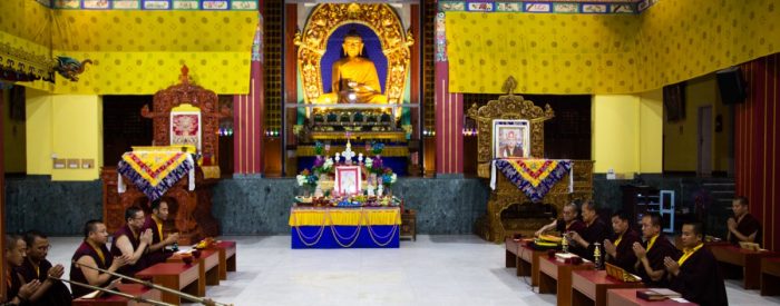 Thaye Dorje, His Holiness the 17th Gyalwa Karmapa, pays respects to his late teacher, Professor Sempa Dorje. Photo / Lekshey jorden