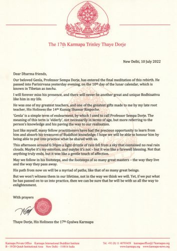 Letter from Thaye Dorje, His Holiness the 17th Gyalwa Karmapa, on the passing of Professor Sempa Dorje