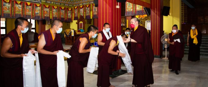 Thaye Dorje, His Holiness the 17th Gyalwa Karmapa, pays respects to his late teacher, Professor Sempa Dorje. Photo / Lekshey jorden