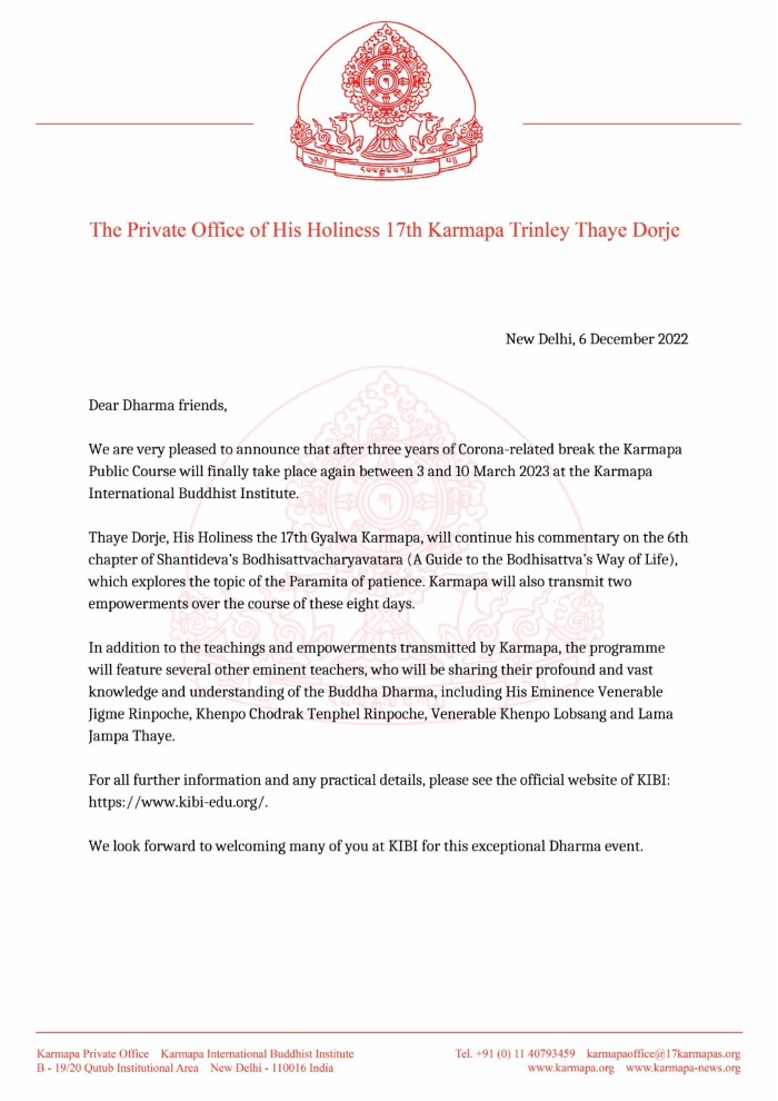 Announcement about the Karmapa Public Course 2023, from Karmapa's Private Office