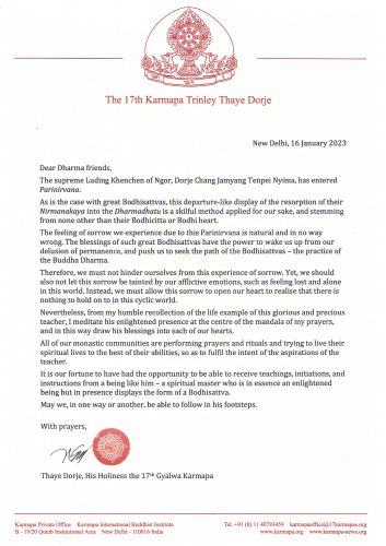 Letter on the passing of His Eminence Luding Khenchen Rinpoche by His Holiness the 17th Gyalwa Karmapa, in English