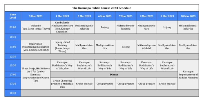 Teaching schedule for the Karmapa Public Course, March 2023
