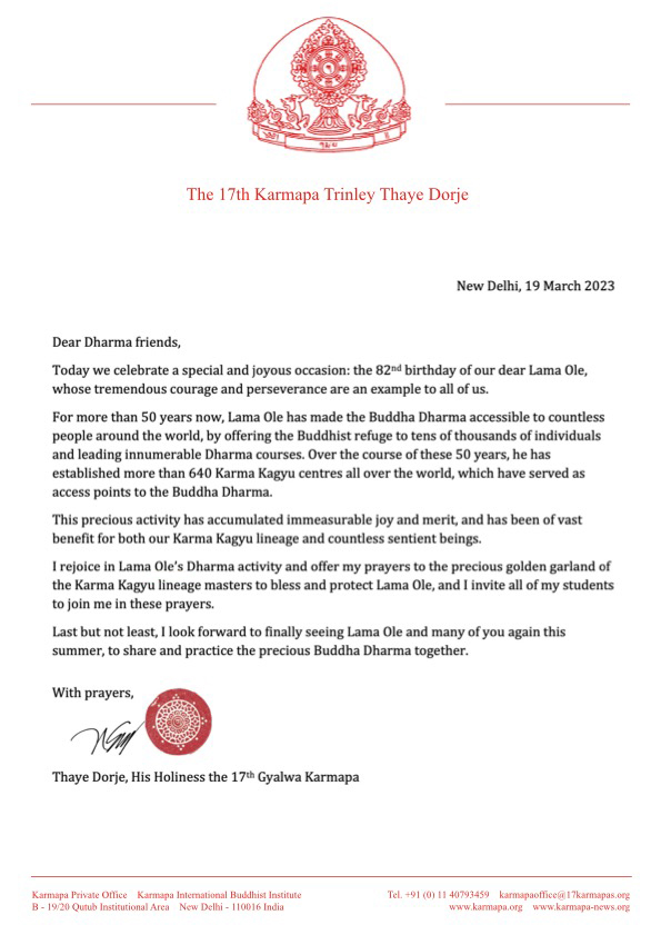 Letter from Thaye Dorje, His Holiness the 17th Gyalwa Karmapa, on the occasion of the 82nd birthday of Lama Ole Nydahl